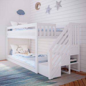 White Twin Low Loft Bed with Staircase - Space-Saving Kids' Furniture