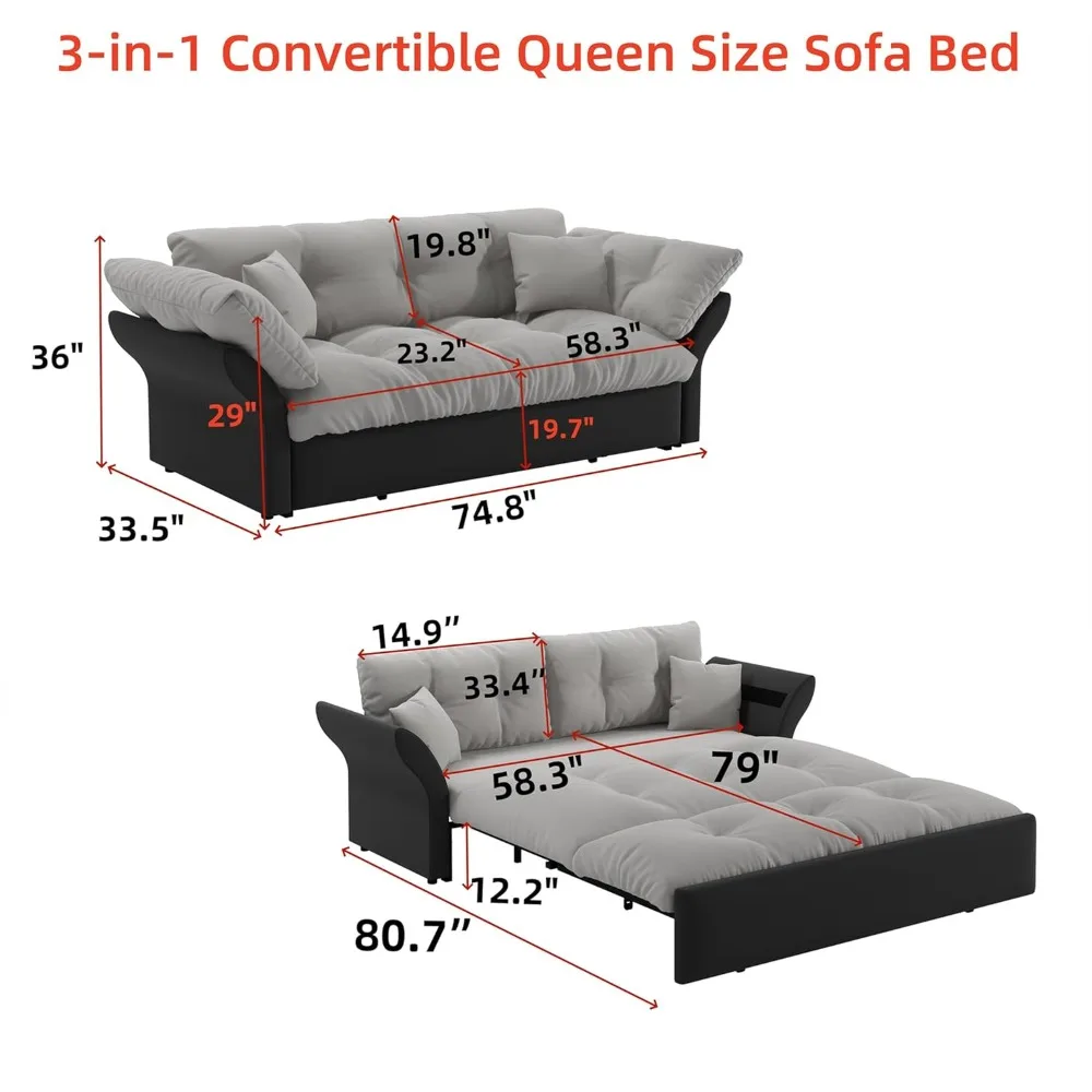 74.8” Velvet Queen Sleeper Sofa Bed with Pull-Out & Storage – Convertible Futon Couch - Image 6