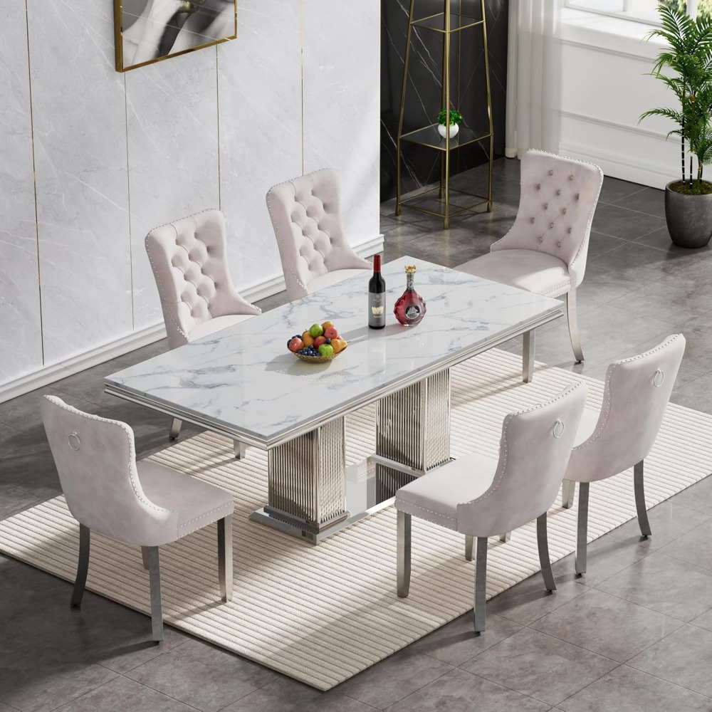 7-Piece Faux Marble Dining Set for 6 with Tufted Chairs