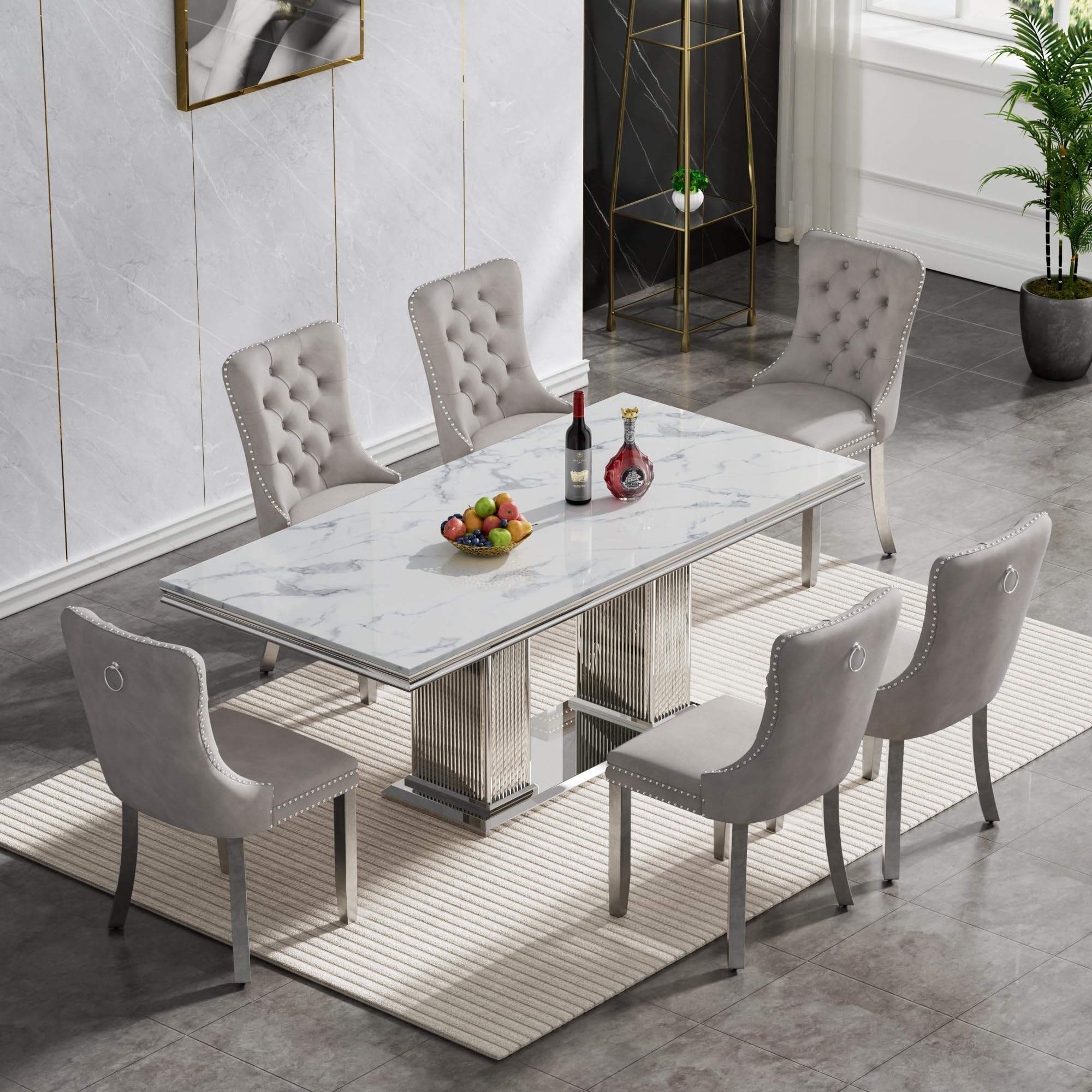 7-Piece Faux Marble Dining Set for 6 with Tufted Chairs - Image 2