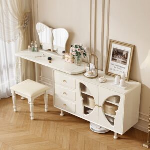 Cream Modern White Dressing Table with Mirror & Stool