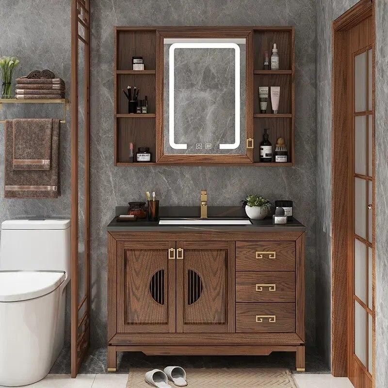 Elegant Vintage Oak Bathroom Vanity with Ceramic Sink and Slate Countertop
