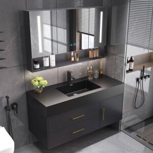 Modern Minimalist Black Oak Bathroom Vanity Cabinet with Mirror Light