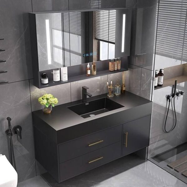 Modern Minimalist Black Oak Bathroom Vanity Cabinet with Mirror Light