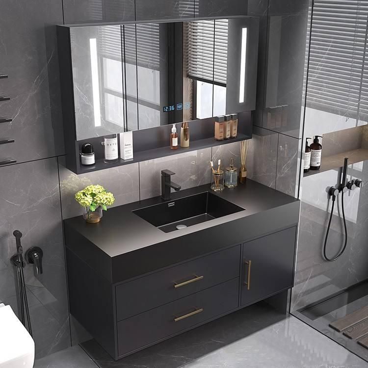 Modern Minimalist Black Oak Bathroom Vanity Cabinet with Mirror Light