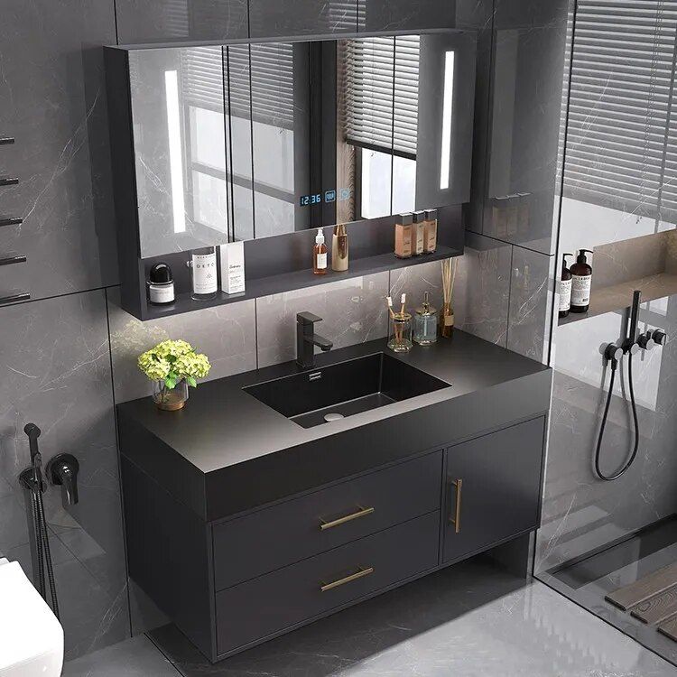 Modern Minimalist Black Oak Bathroom Vanity Cabinet with Mirror Light