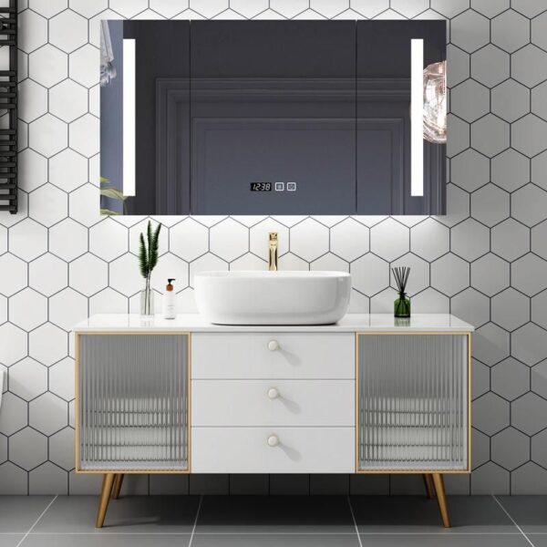 Modern White Oak Bathroom Vanity Set with Smart Mirror and Marble Countertop