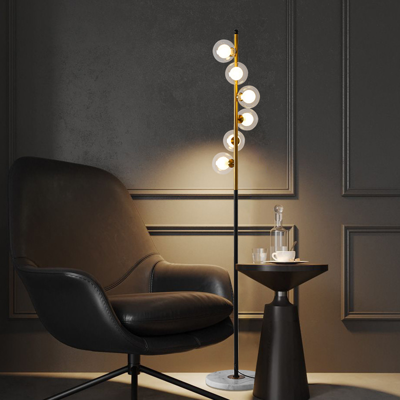 Modern Two-Color Glass Ball LED Floor Lamp with Marble Base for Home Decor