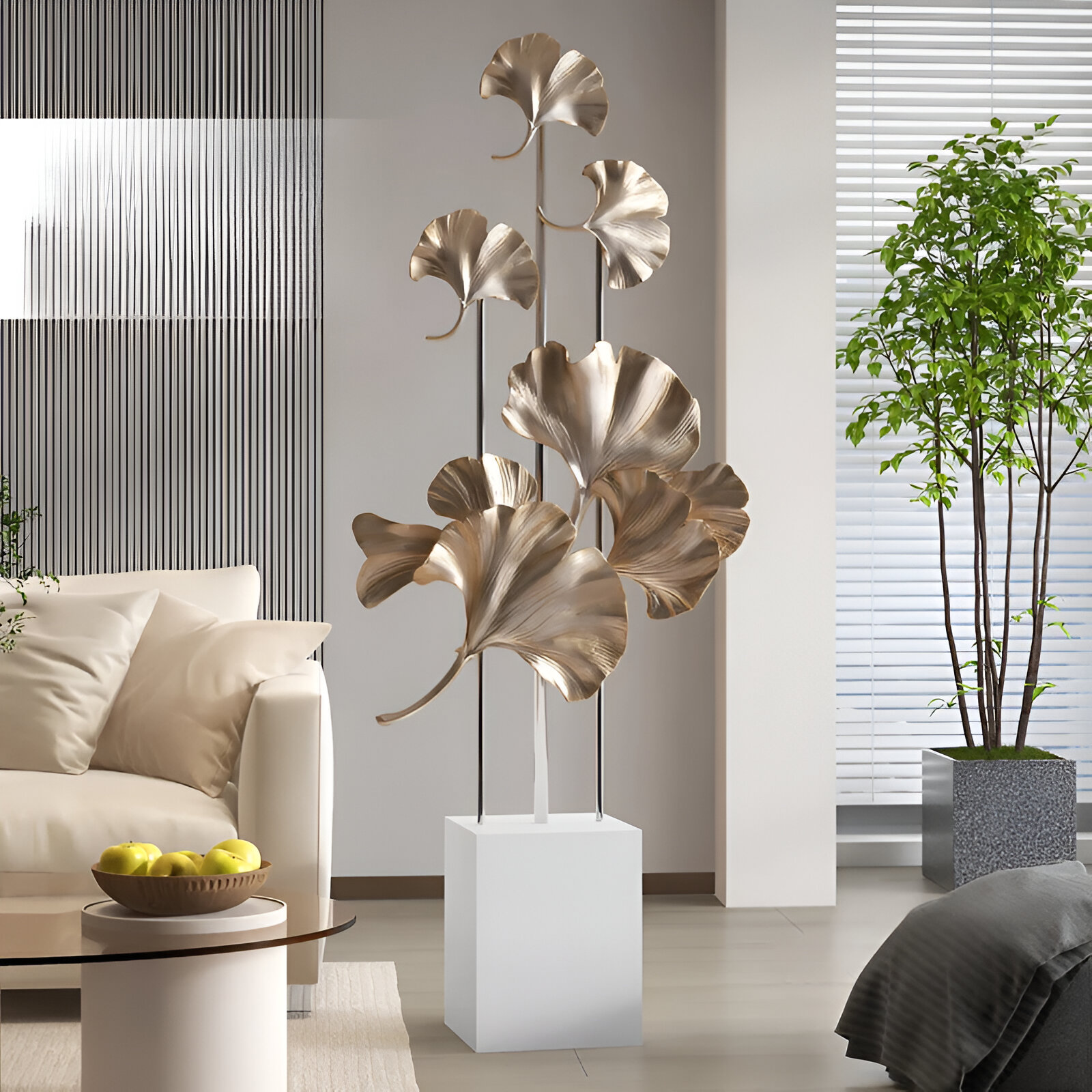 Elegant Ginkgo Leaf Resin Floor Sculpture – Modern Home Decor Accent