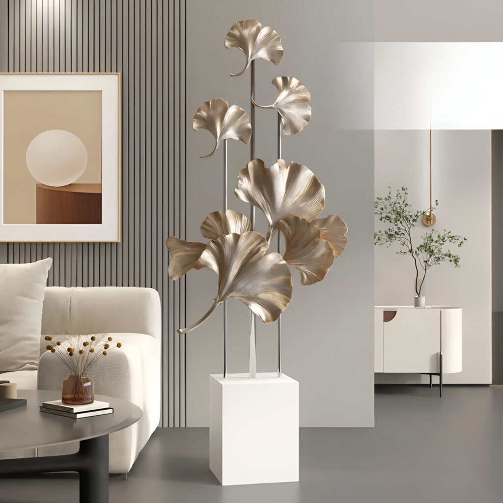 Elegant Ginkgo Leaf Resin Floor Sculpture – Modern Home Decor Accent