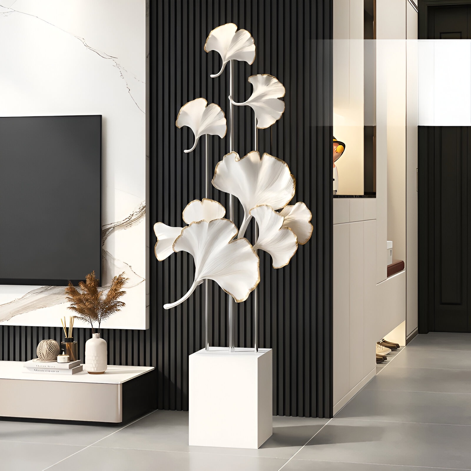 Elegant Ginkgo Leaf Resin Floor Sculpture – Modern Home Decor Accent