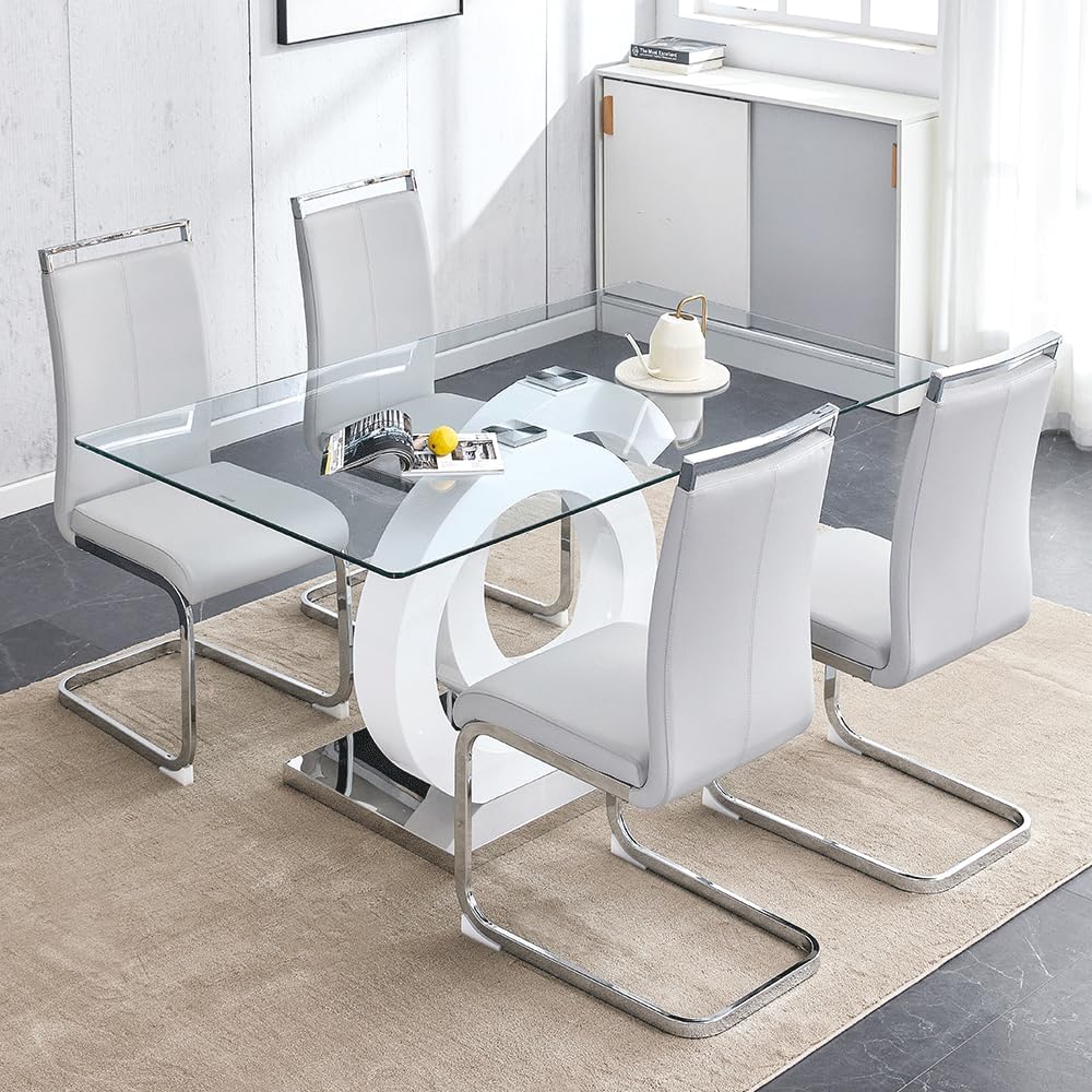 Modern Glass Dining Table Set with 4 PU Leather Ergonomic Chairs, 63 Inch