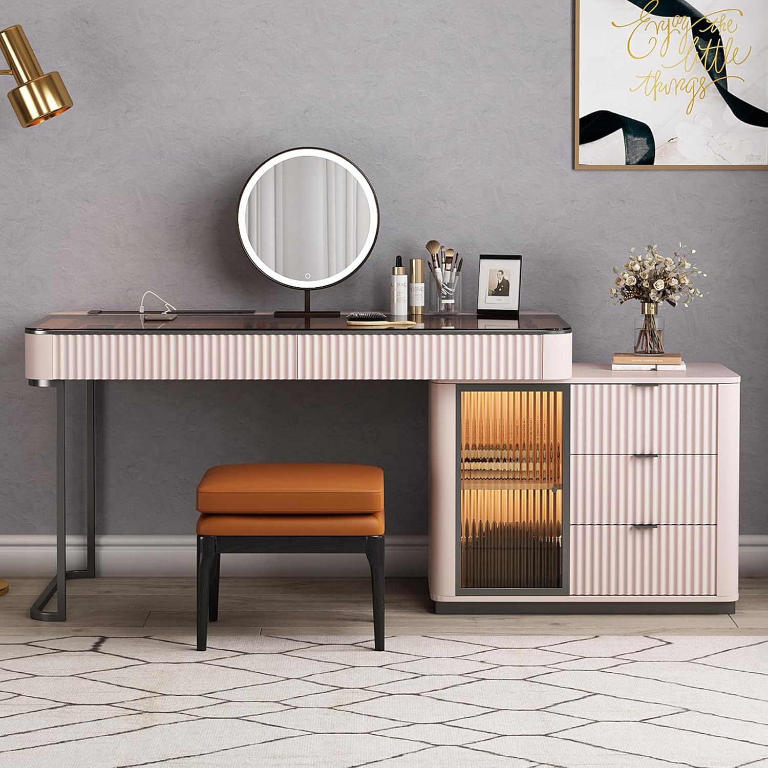 Makeup Vanity Desk with LED Mirror, Storage Cabinet & Solid Wood Stool