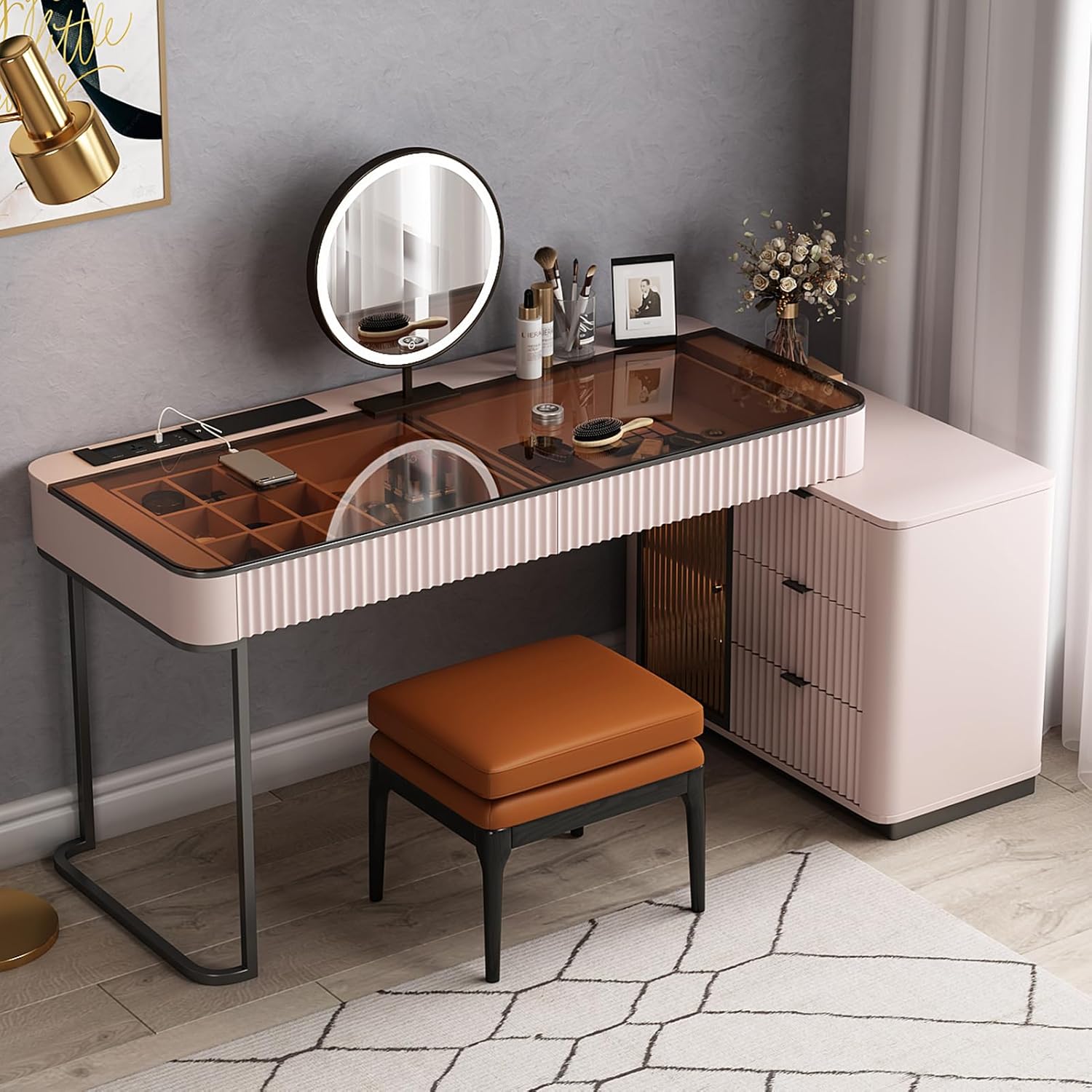 Makeup Vanity Desk with LED Mirror, Storage Cabinet & Solid Wood Stool