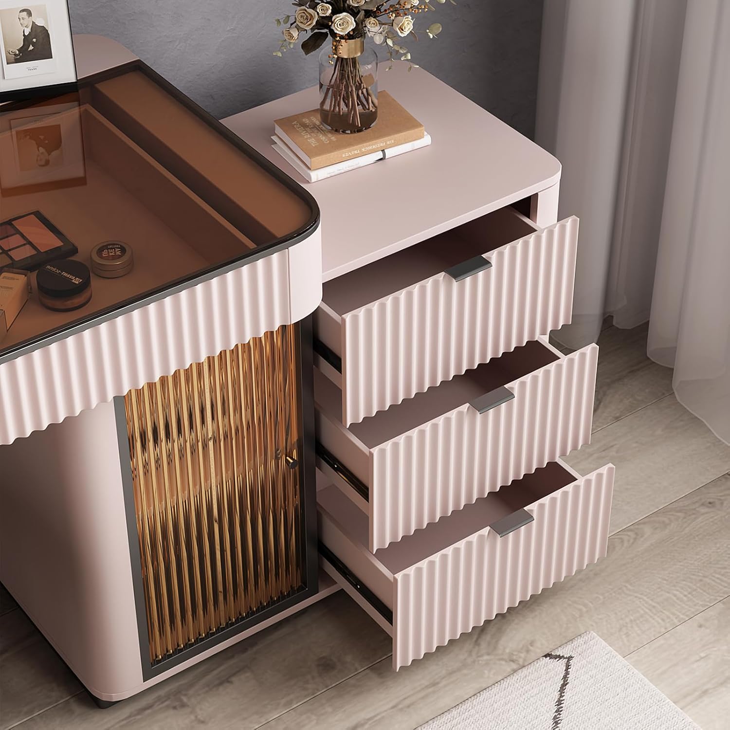 Makeup Vanity Desk with LED Mirror, Storage Cabinet & Solid Wood Stool