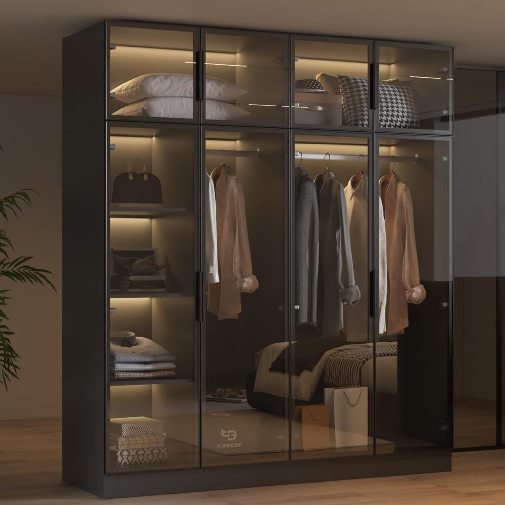 Modern Glass Door Wardrobe Armoire with LED Lights, 59.1″ Wide Closet Organizer