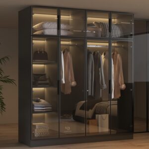 Modern Glass Door Wardrobe Armoire with LED Lights, 59.1″ Wide Closet Organizer