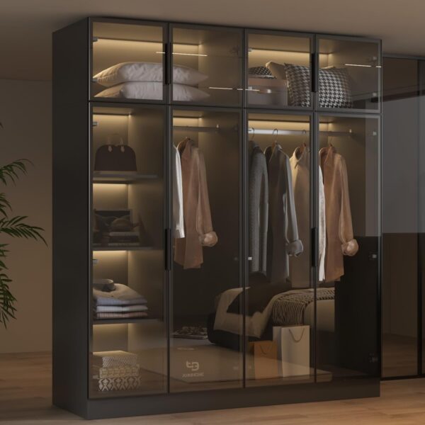 Modern Glass Door Wardrobe Armoire with LED Lights, 59.1″ Wide Closet Organizer