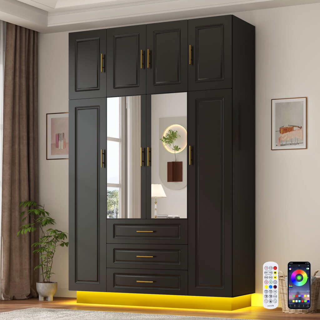 Large 4-Door Armoire Wardrobe Closet with Drawers and LED Lights
