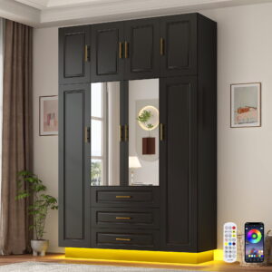 Large 4-Door Armoire Wardrobe Closet with Drawers and LED Lights