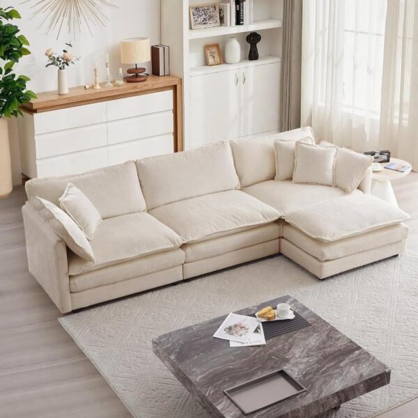 Modular L-Shaped Sectional Sofa with Movable Ottoman, 111.5-Inch Chenille Couch Set