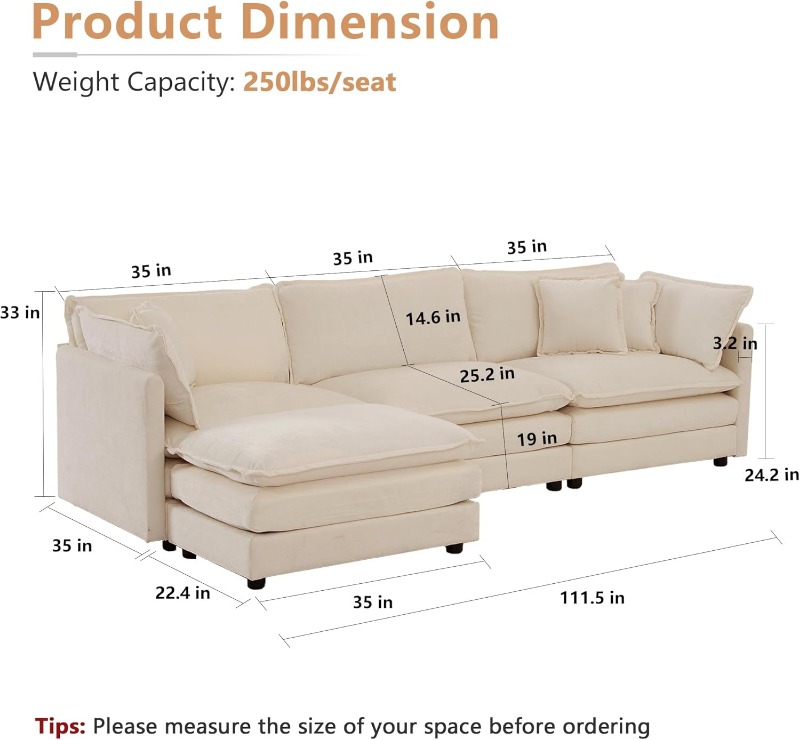 Modular L-Shaped Sectional Sofa with Movable Ottoman, 111.5-Inch Chenille Couch Set - Image 7