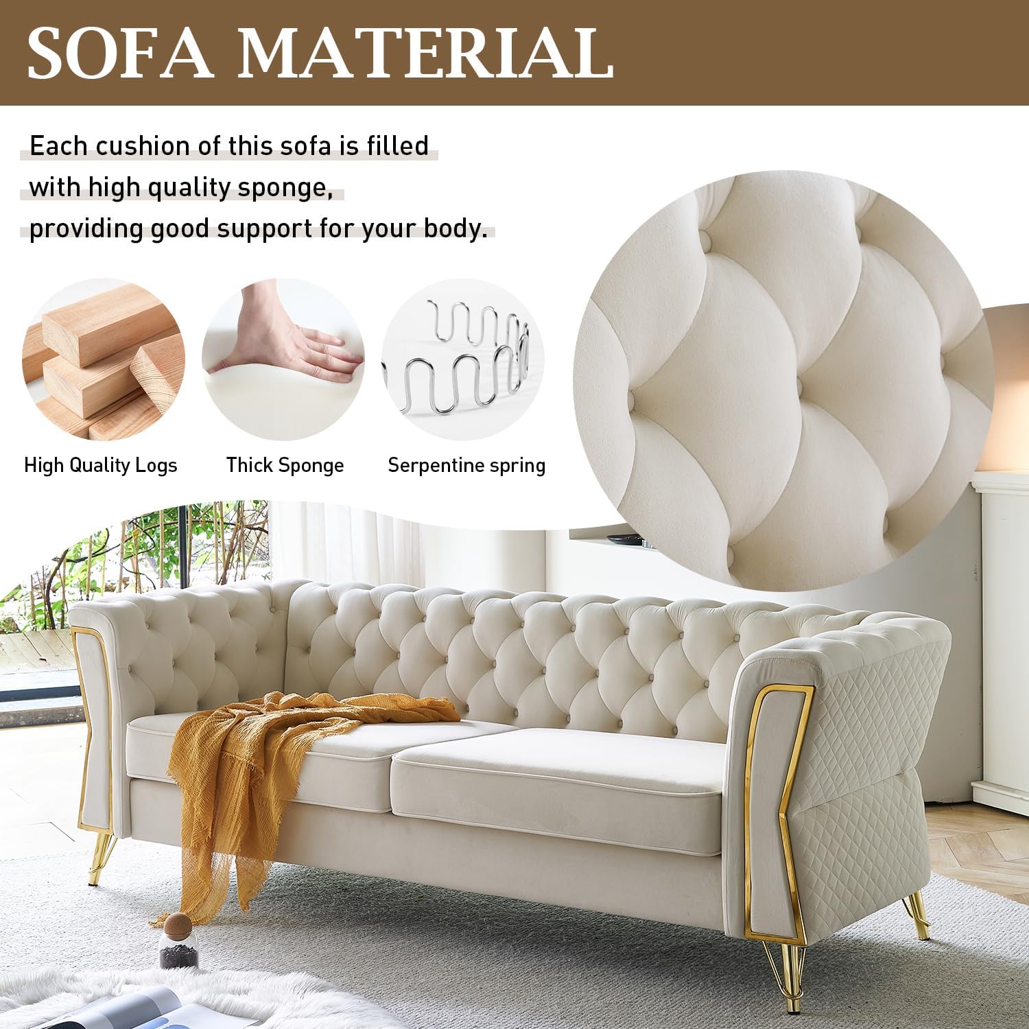 Modern 87" Velvet 3-Seater Sofa Couch with Deep Seats for Living Room or Apartment - Image 5