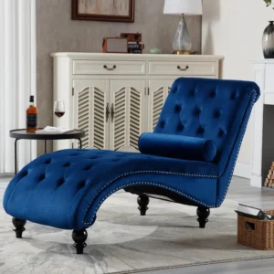 Velvet Chaise Lounge Chair – Modern Button-Tufted Upholstered Recliner with Pillow
