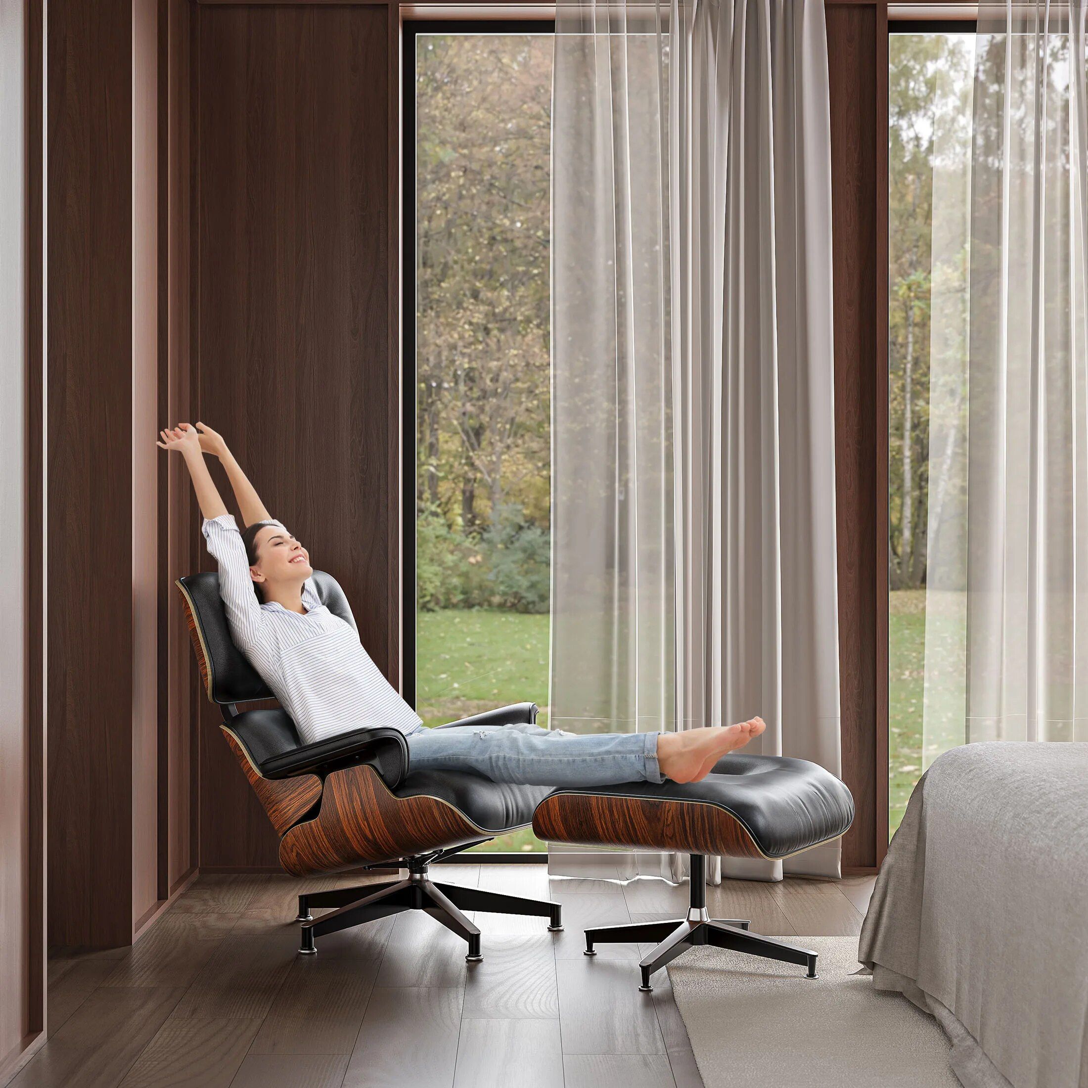 Genuine Leather Lounge Chair & Sofa Bed with Ottoman - Image 2