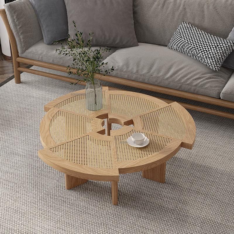 Minimalist Modern Ash Wood Rattan Coffee Table - Round Low Sofa Side Table