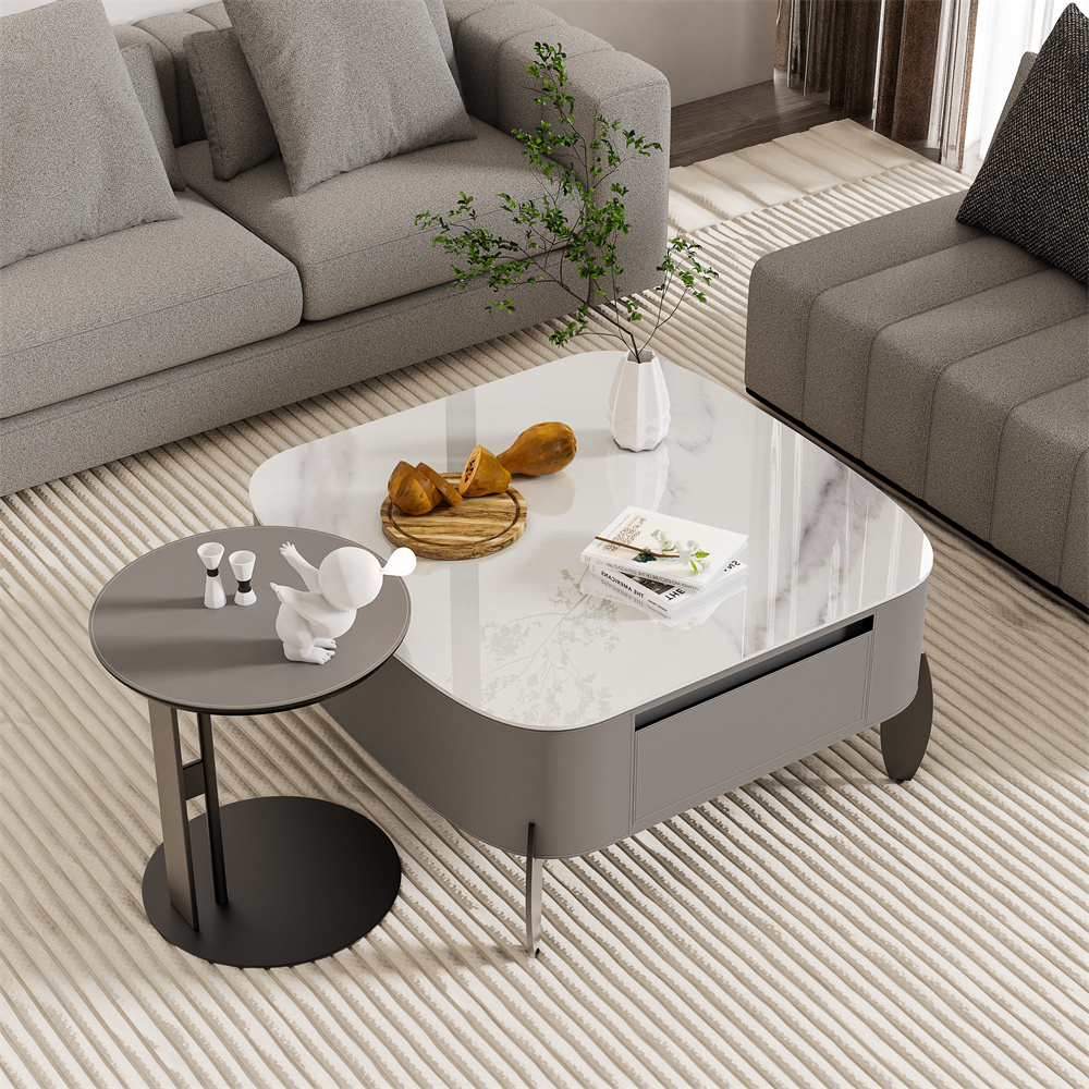 Modern Large Coffee Table with Drawers – Sintered Stone & Metal Legs - Image 4