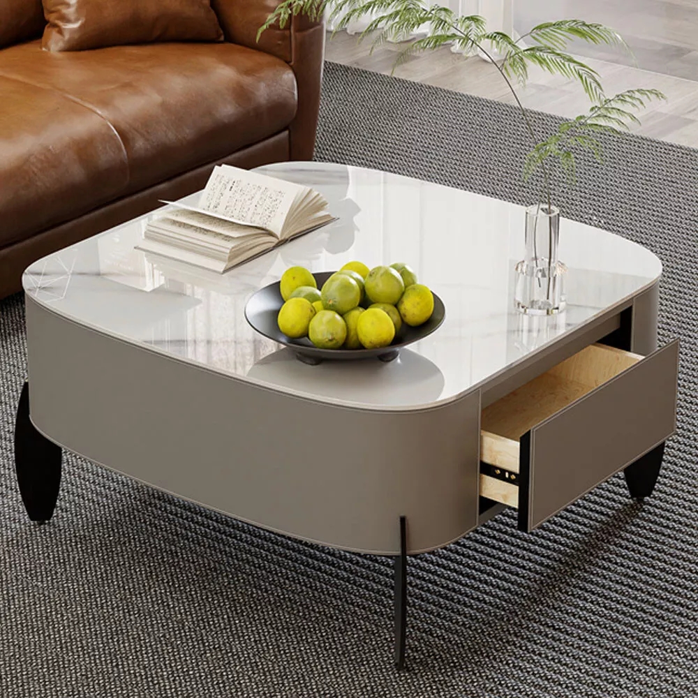 Modern Large Coffee Table with Drawers – Sintered Stone & Metal Legs