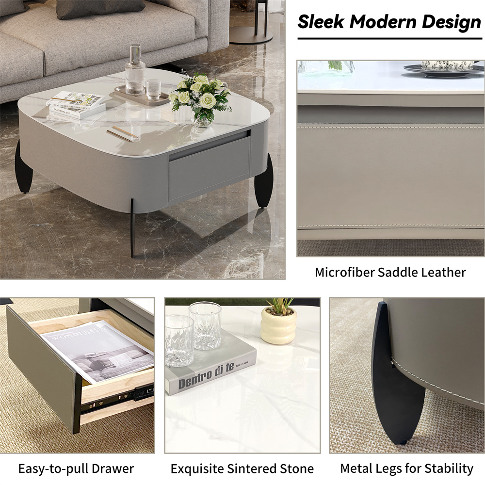 Modern Large Coffee Table with Drawers – Sintered Stone & Metal Legs - Image 5