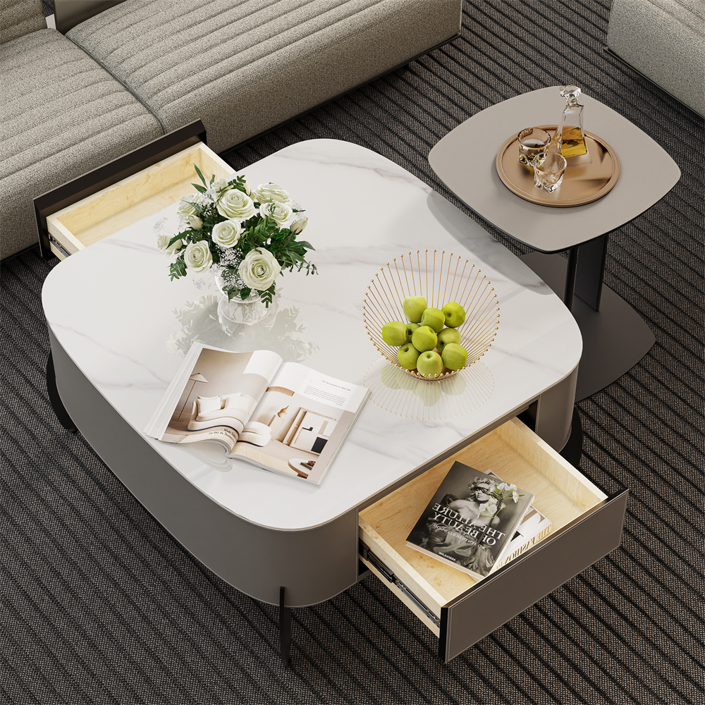 Modern Large Coffee Table with Drawers – Sintered Stone & Metal Legs - Image 2