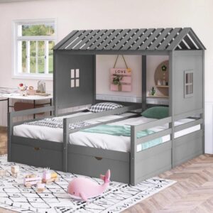 Twin Size Wooden House-Shaped Double Platform Bed with Storage for Kids - Gray