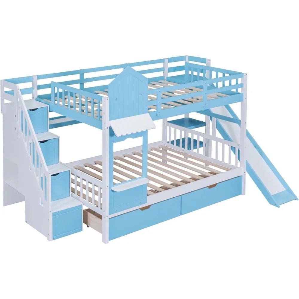 Castle Style Full Over Full Kids Bunk Bed with Slide, Stairs & Storage Drawers - Image 5