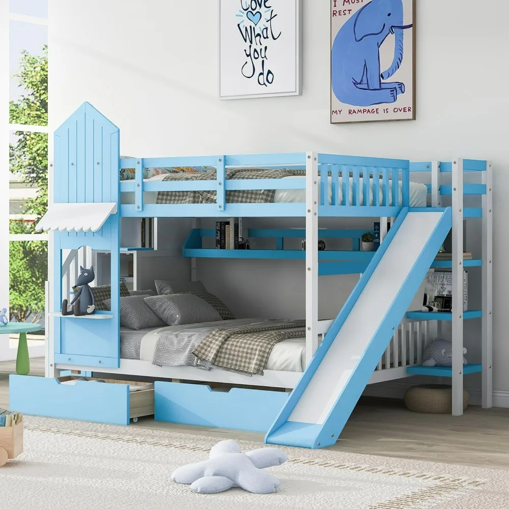 Castle Style Full Over Full Kids Bunk Bed with Slide, Stairs & Storage Drawers - Image 3