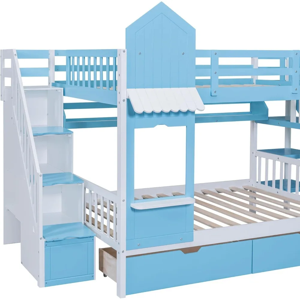 Castle Style Full Over Full Kids Bunk Bed with Slide, Stairs & Storage Drawers - Image 4