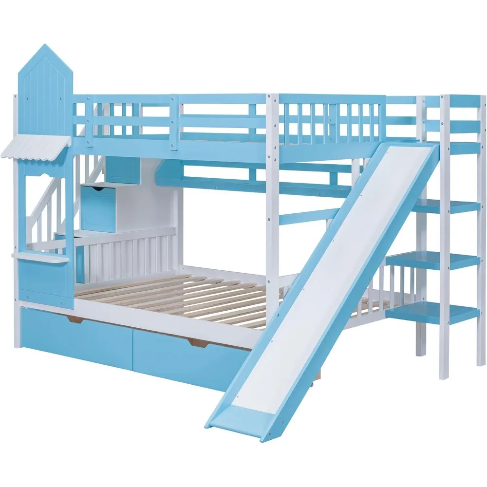 Castle Style Full Over Full Kids Bunk Bed with Slide, Stairs & Storage Drawers - Image 6