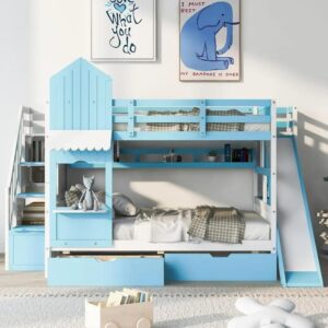 Castle Style Full Over Full Kids Bunk Bed with Slide, Stairs & Storage Drawers