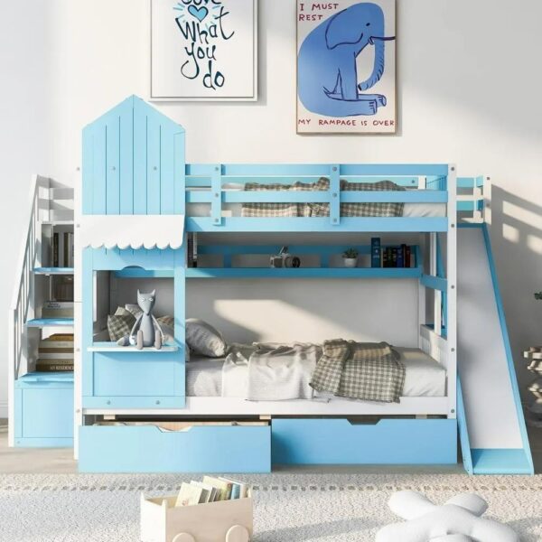 Castle Full Over Full Kids Bunk Bed with Slide and Storage