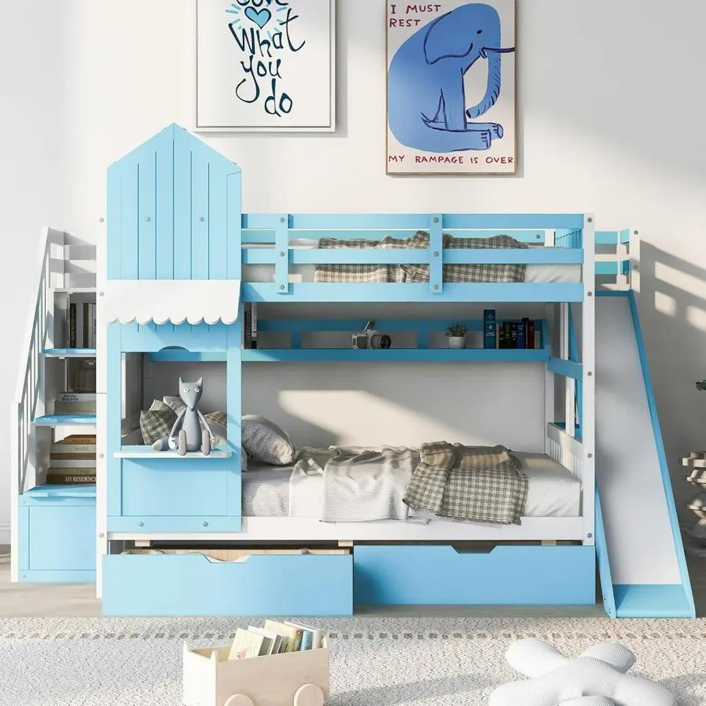 Castle Style Full Over Full Kids Bunk Bed with Slide, Stairs & Storage Drawers