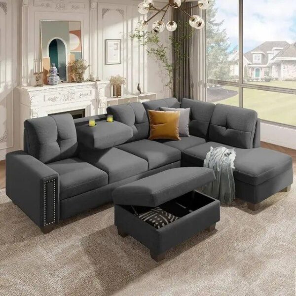 L-Shaped Sofa with Reversible Recliner and Ottoman
