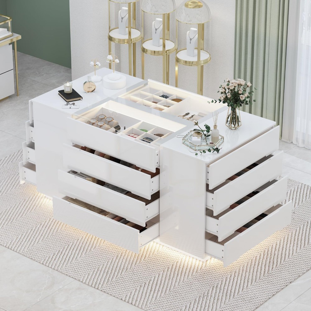 63″ Lighted Glass Display Cabinet with 16 Drawers