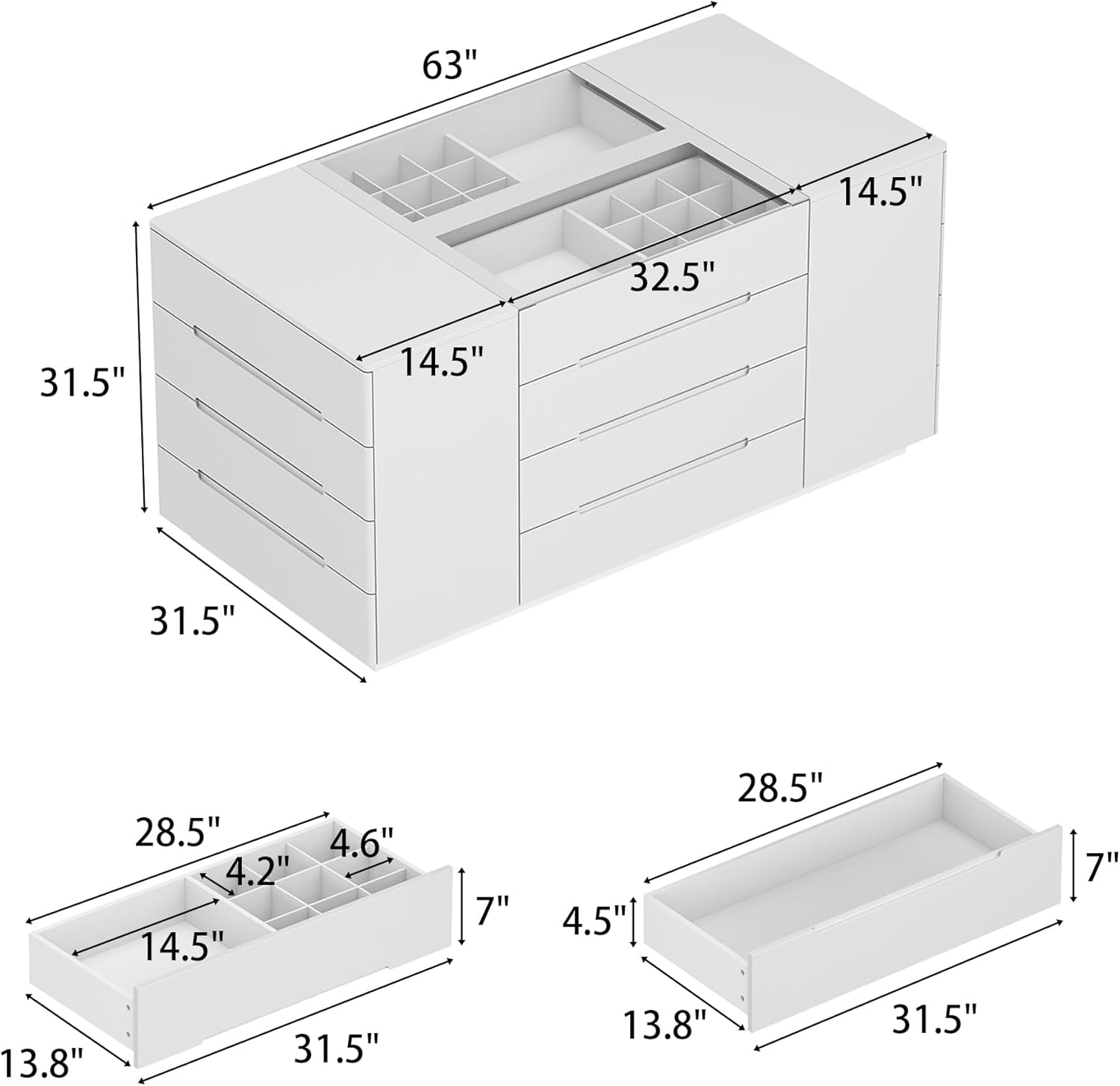 63″ Lighted Glass Display Cabinet with 16 Drawers