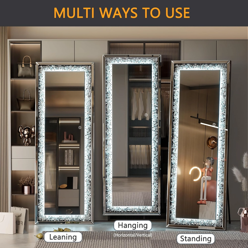 61″ x 22″ LED Full-Length Mirror – Crystal Crush Diamond, Wall-Mounted & Freestanding