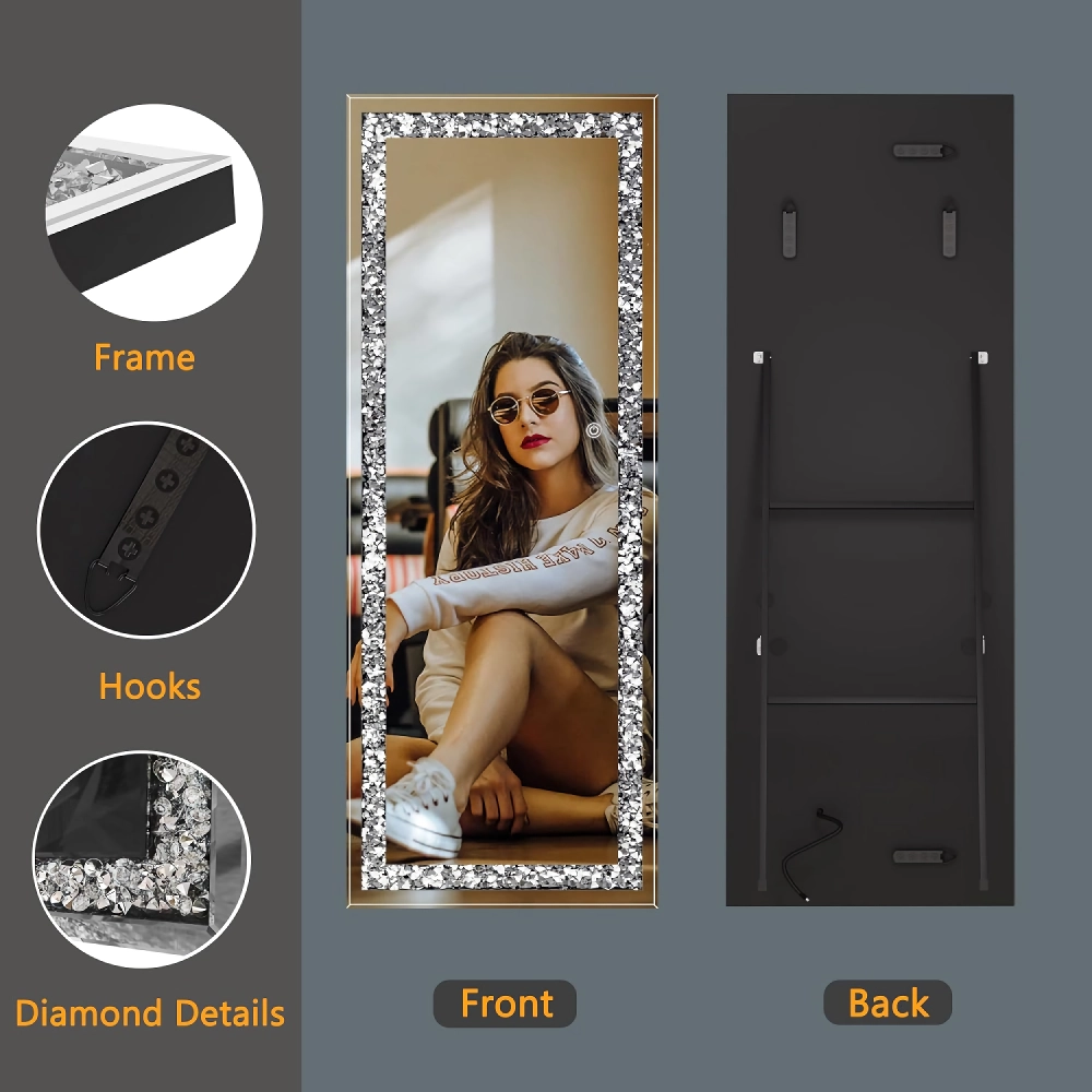 61″ x 22″ LED Full-Length Mirror – Crystal Crush Diamond, Wall-Mounted & Freestanding