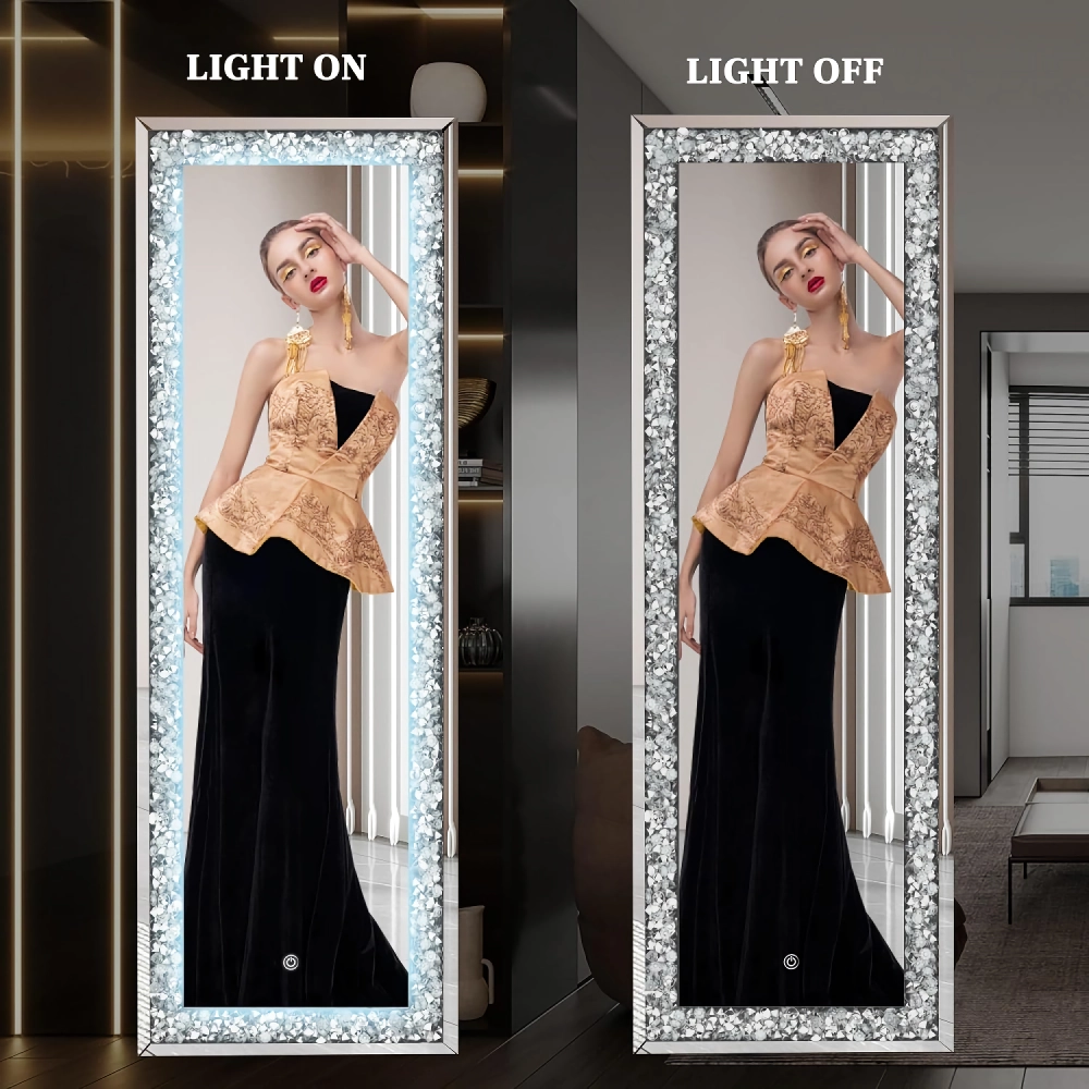 61″ x 22″ LED Full-Length Mirror – Crystal Crush Diamond, Wall-Mounted & Freestanding