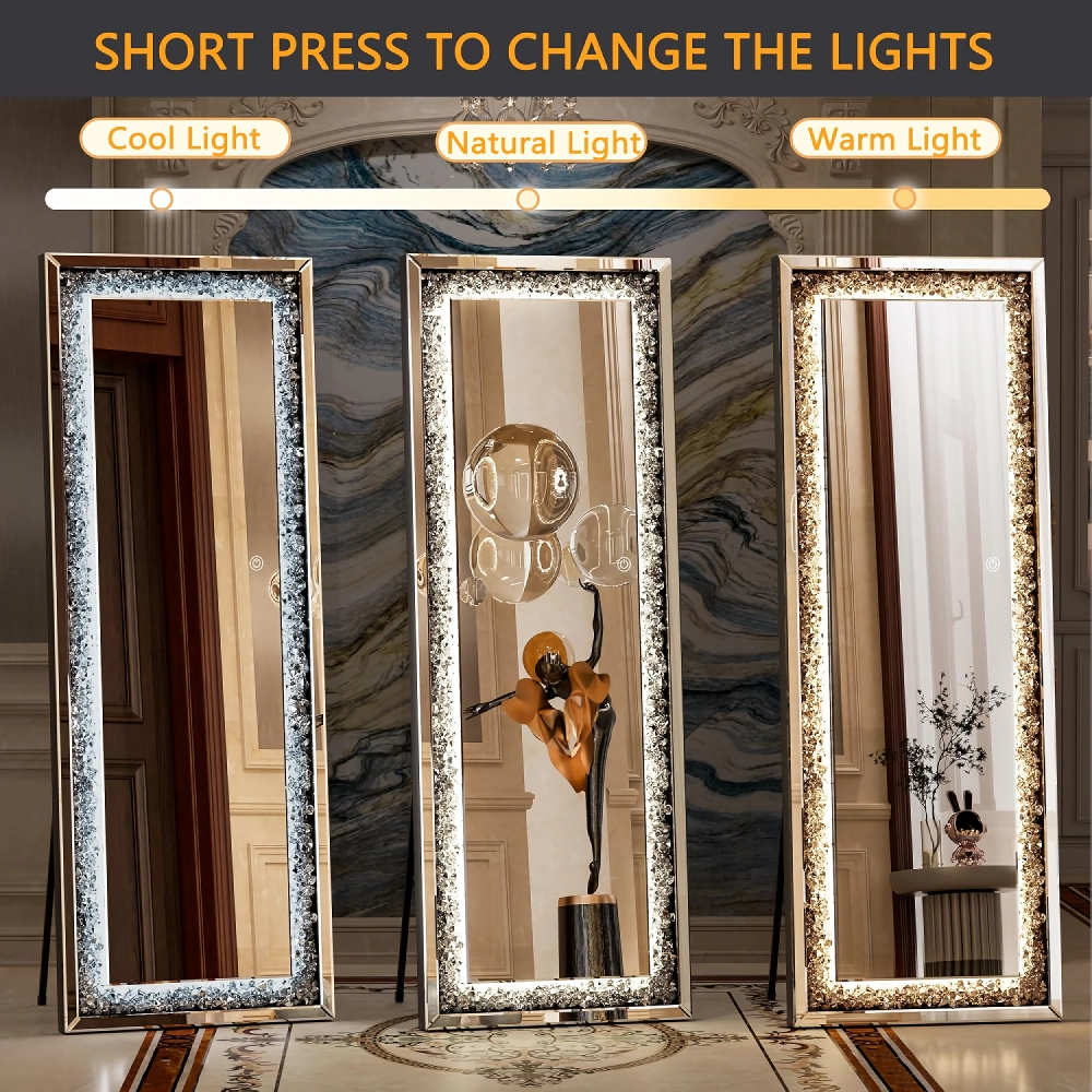 61″ x 22″ LED Full-Length Mirror – Crystal Crush Diamond, Wall-Mounted & Freestanding