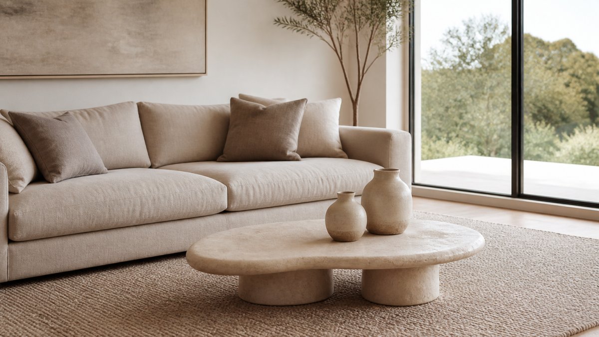 Infographic showing the layout of minimalist decor bundles in a bright living room with neutral furniture.